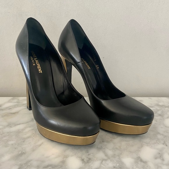 SAINT LAURENT PARIS • Black platform heel with bronze/gold heel accent size 39 - Picture 2 of 10